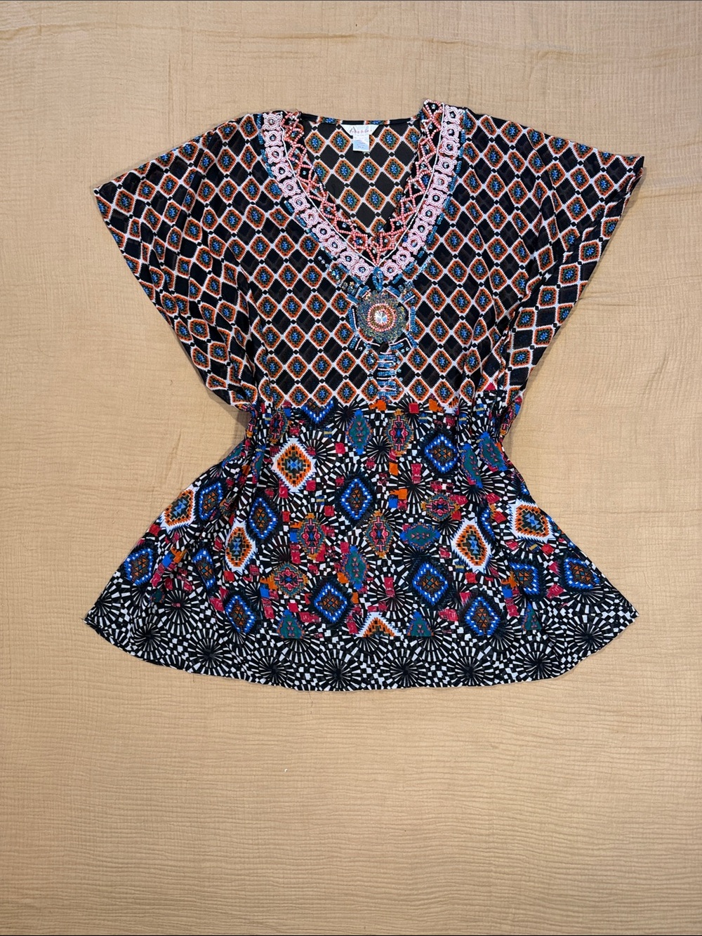 Lucky & Coco Boho Geometric Multicolor Sequin Beaded V-Neck Sheer Caftan Coverup